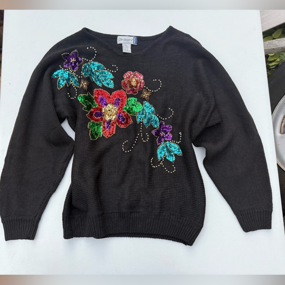 Vintage Black Sweater with Colorful Floral Embroidery , Size S